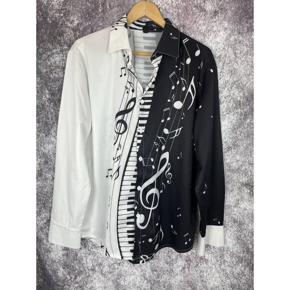 Shirt Mens Black White Musical Note Piano Print 90s Artsy Performance Jazz - Picture 1 of 14